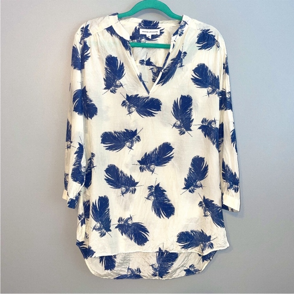 Amanda Uprichard Cream Feather Print Silk V Neck Tunic Beach Cover Up Blouse- P